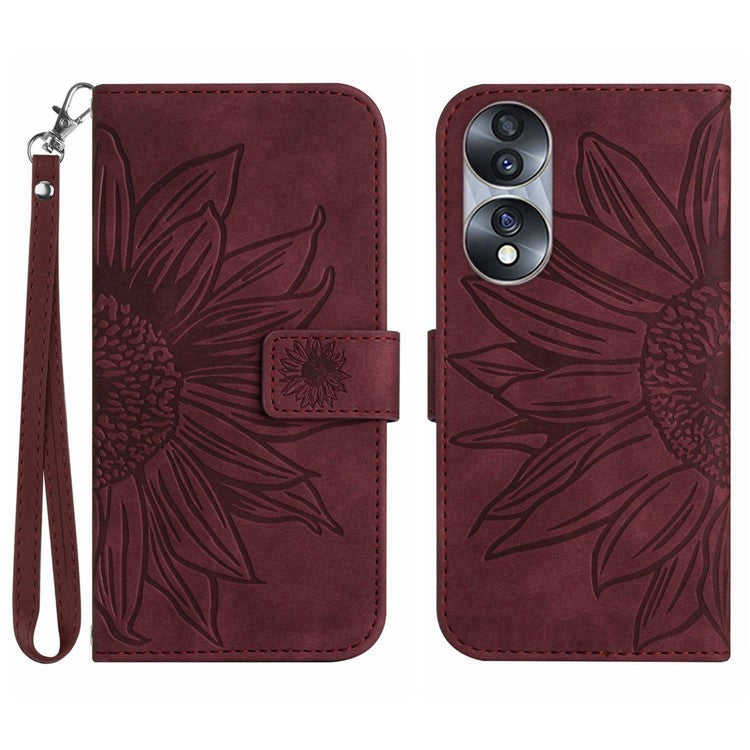 Skin-Touch Feeling Flip Phone Case for Honor 70 5G, Imprinted Sunflower Stand PU Leather Bump Proof Magnetic Wallet Cover with Strap - Wine Red