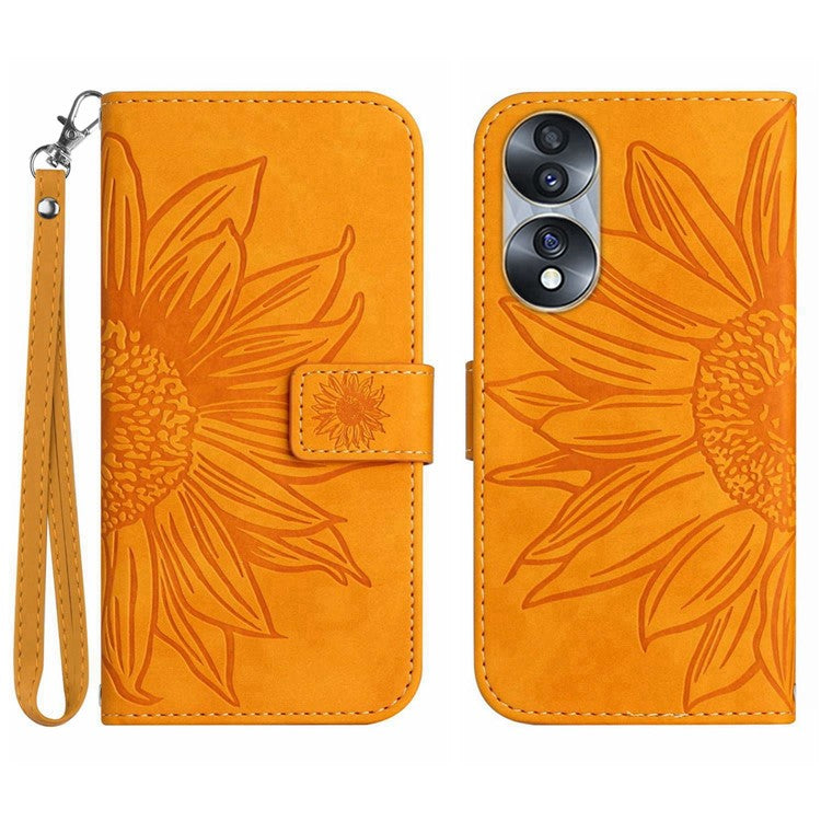 Skin-Touch Feeling Flip Phone Case for Honor 70 5G, Imprinted Sunflower Stand PU Leather Bump Proof Magnetic Wallet Cover with Strap - Yellow