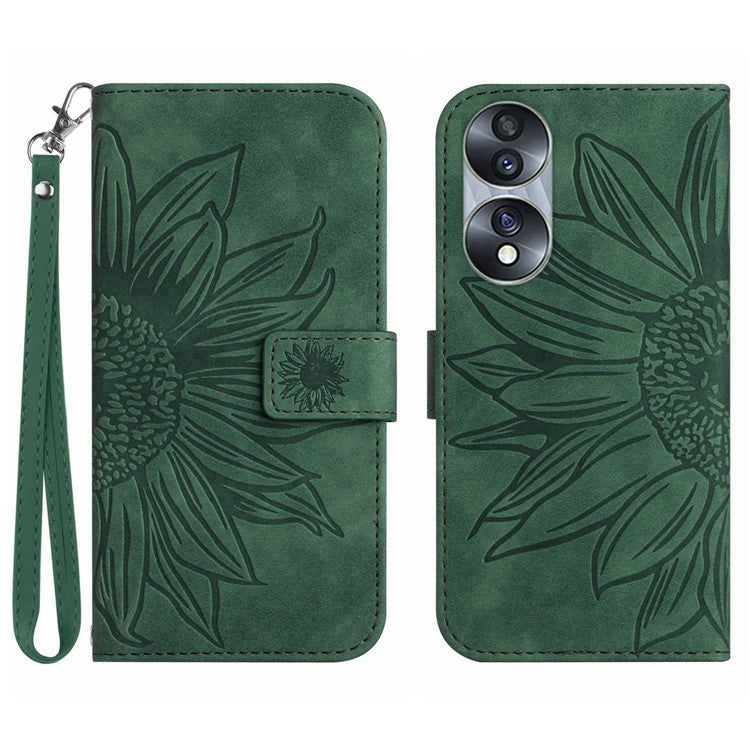 Skin-Touch Feeling Flip Phone Case for Honor 70 5G, Imprinted Sunflower Stand PU Leather Bump Proof Magnetic Wallet Cover with Strap - Dark Green
