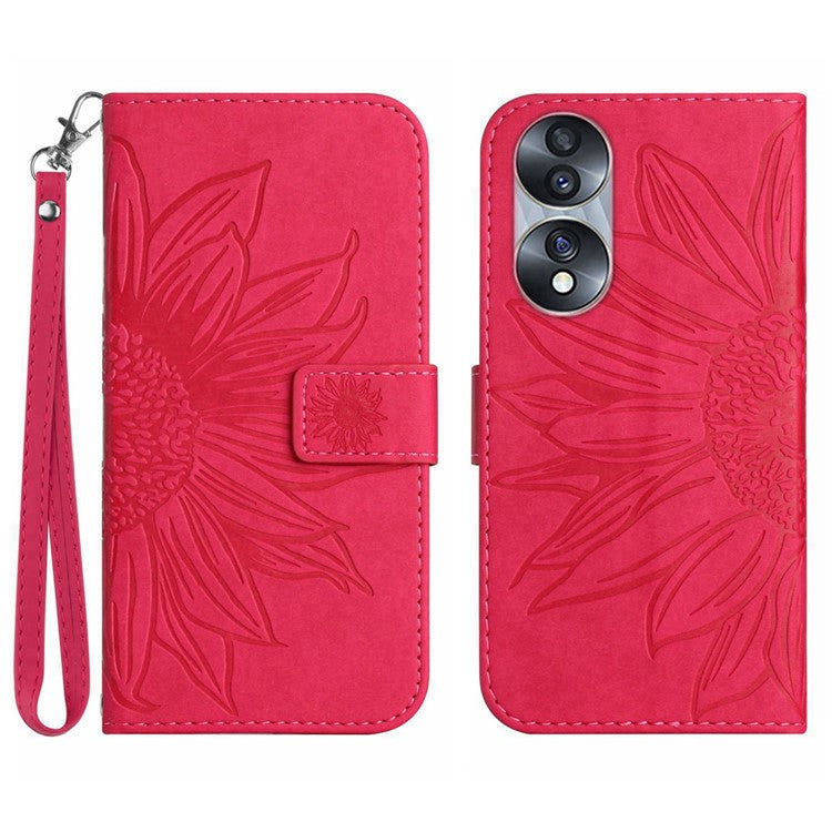 Skin-Touch Feeling Flip Phone Case for Honor 70 5G, Imprinted Sunflower Stand PU Leather Bump Proof Magnetic Wallet Cover with Strap - Rose