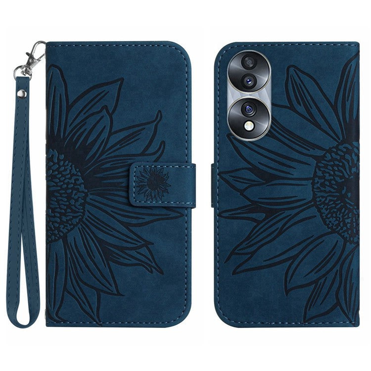 Skin-Touch Feeling Flip Phone Case for Honor 70 5G, Imprinted Sunflower Stand PU Leather Bump Proof Magnetic Wallet Cover with Strap - Dark Blue