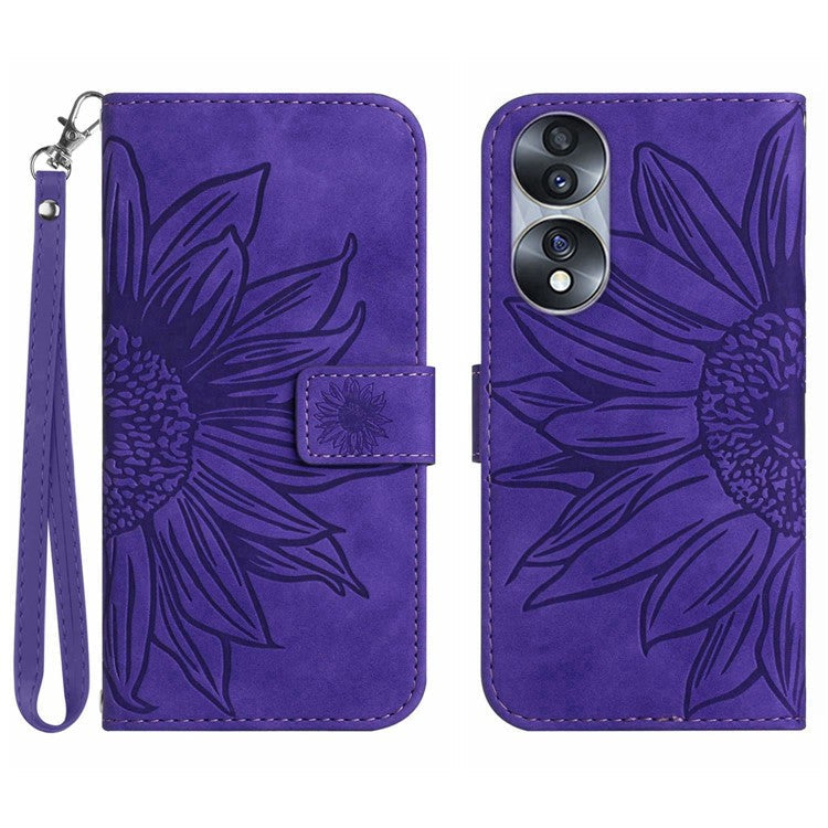 Skin-Touch Feeling Flip Phone Case for Honor 70 5G, Imprinted Sunflower Stand PU Leather Bump Proof Magnetic Wallet Cover with Strap - Dark Purple