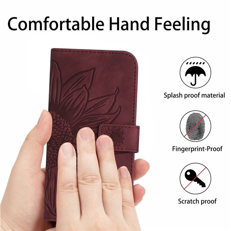 Skin-Touch Feeling Magnetic Flip Phone Case for Honor Magic4 Lite 5G, Imprinted Sunflower Stand PU Leather Wallet Cover with Strap - Wine Red