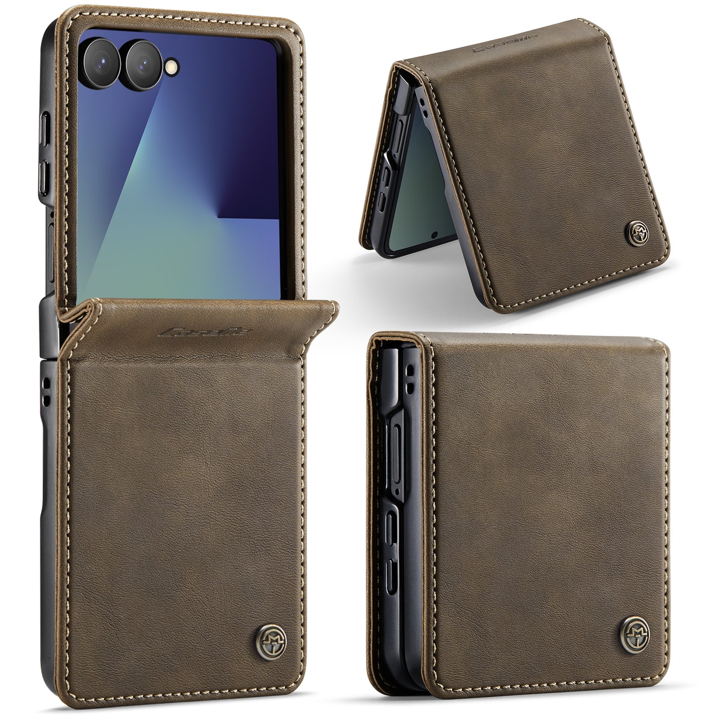 For Samsung Galaxy Z Flip7 5G Case CASEME 033 Series RFID Blocking Wallet Stand Calf Texture Leather Phone Cover - Coffee