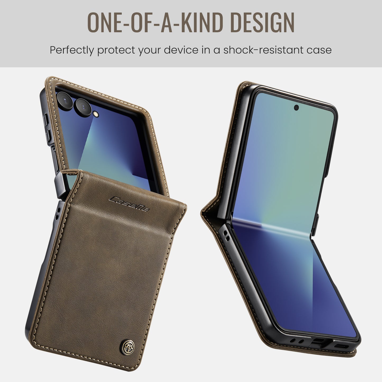 For Samsung Galaxy Z Flip7 5G Case CASEME 033 Series RFID Blocking Wallet Stand Calf Texture Leather Phone Cover - Coffee