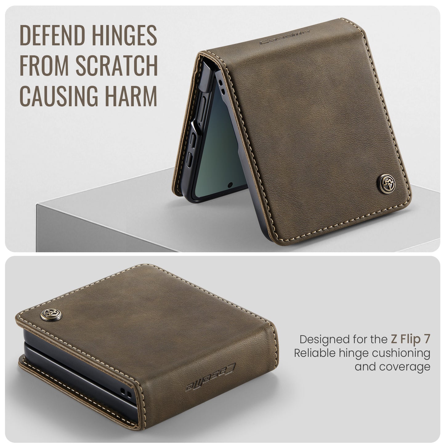 For Samsung Galaxy Z Flip7 5G Case CASEME 033 Series RFID Blocking Wallet Stand Calf Texture Leather Phone Cover - Coffee
