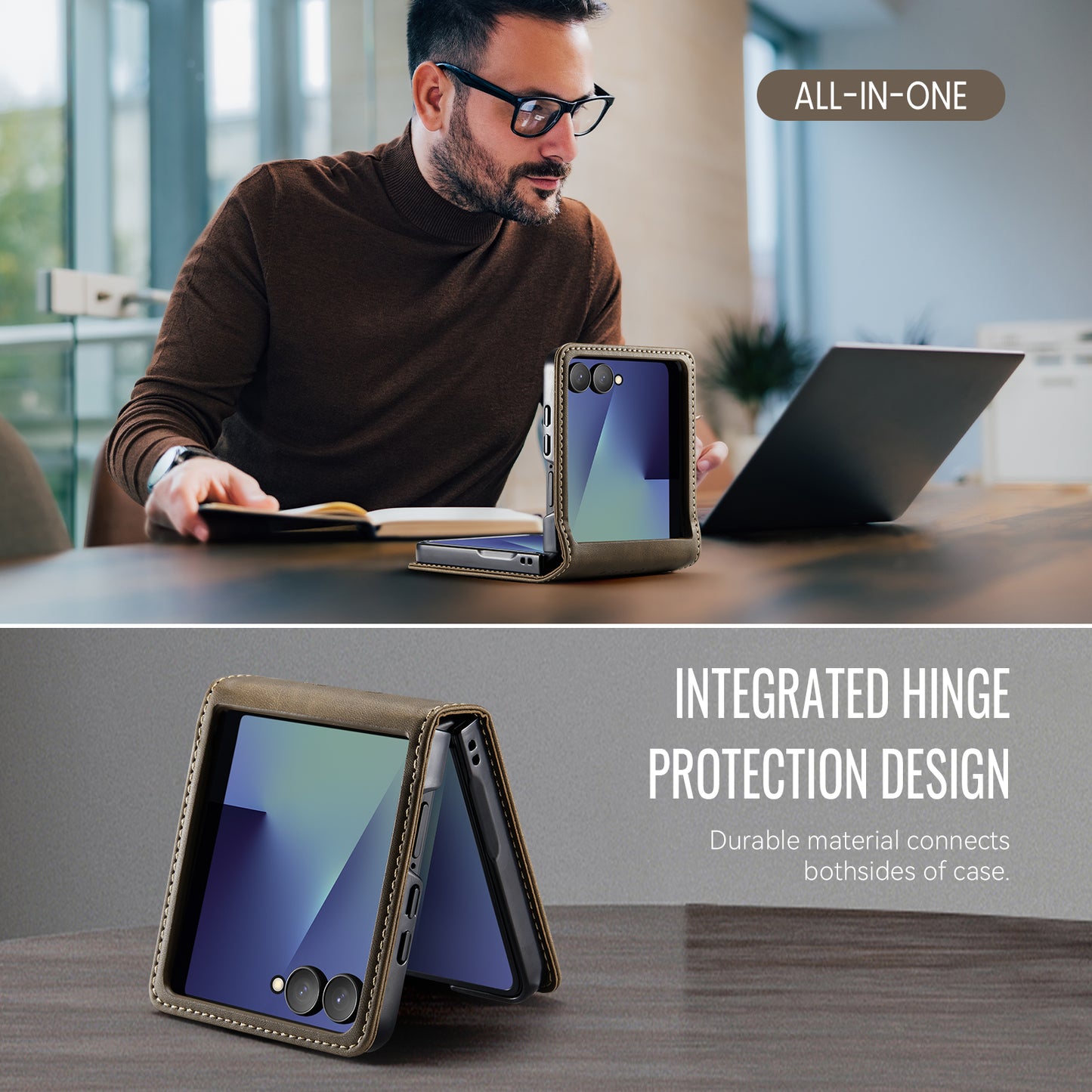 For Samsung Galaxy Z Flip7 5G Case CASEME 033 Series RFID Blocking Wallet Stand Calf Texture Leather Phone Cover - Coffee