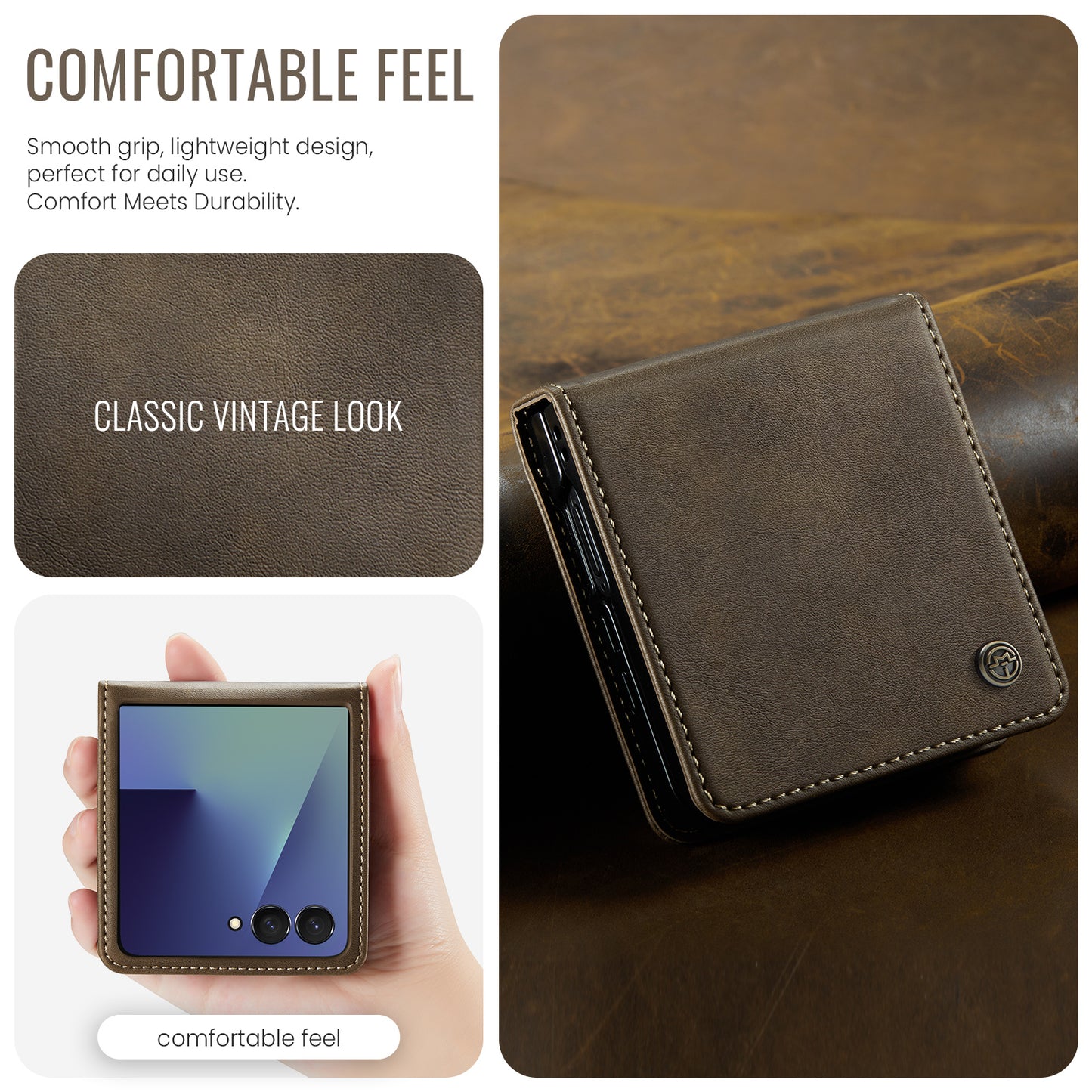 For Samsung Galaxy Z Flip7 5G Case CASEME 033 Series RFID Blocking Wallet Stand Calf Texture Leather Phone Cover - Coffee