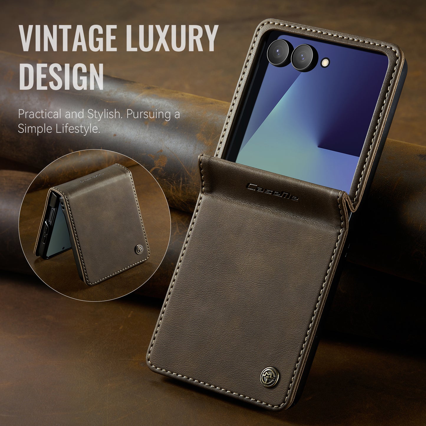 For Samsung Galaxy Z Flip7 5G Case CASEME 033 Series RFID Blocking Wallet Stand Calf Texture Leather Phone Cover - Coffee