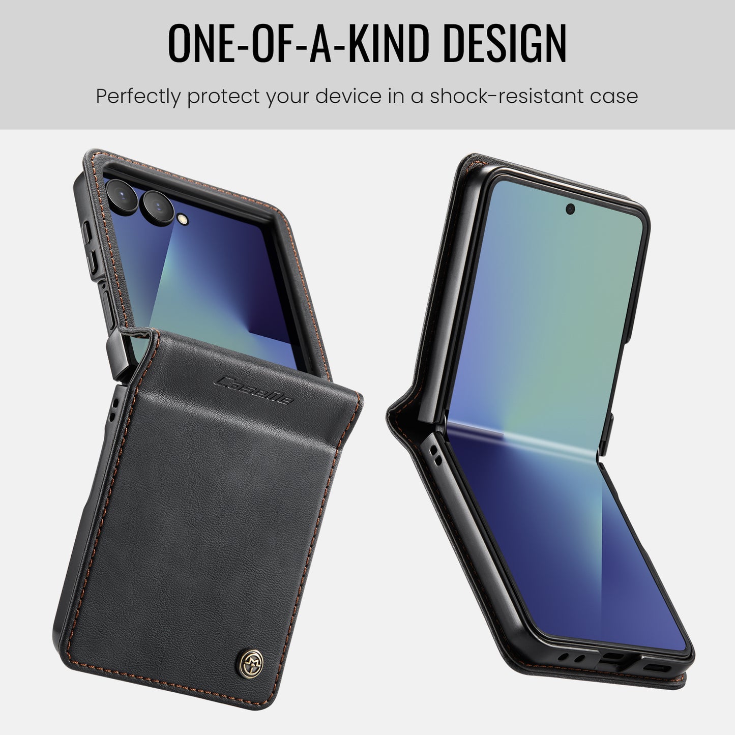 For Samsung Galaxy Z Flip7 5G Case CASEME 033 Series RFID Blocking Wallet Stand Calf Texture Leather Phone Cover - Black