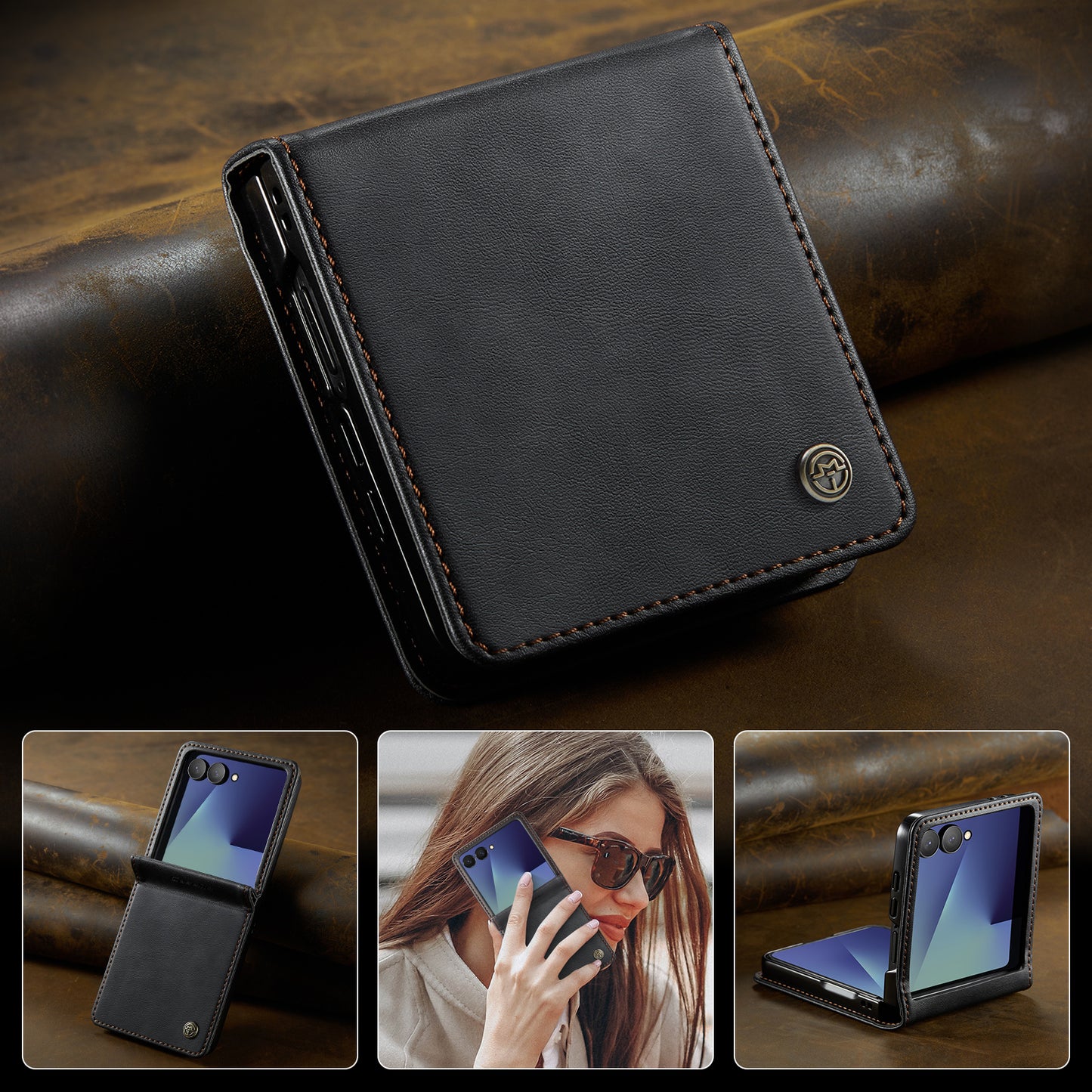 For Samsung Galaxy Z Flip7 5G Case CASEME 033 Series RFID Blocking Wallet Stand Calf Texture Leather Phone Cover - Black
