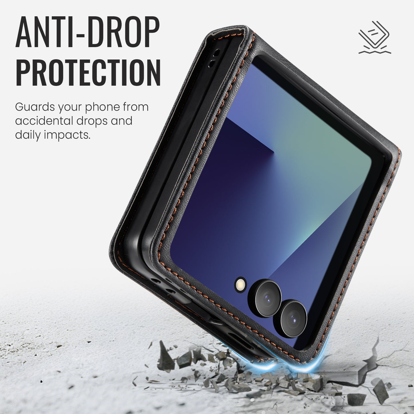 For Samsung Galaxy Z Flip7 5G Case CASEME 033 Series RFID Blocking Wallet Stand Calf Texture Leather Phone Cover - Black