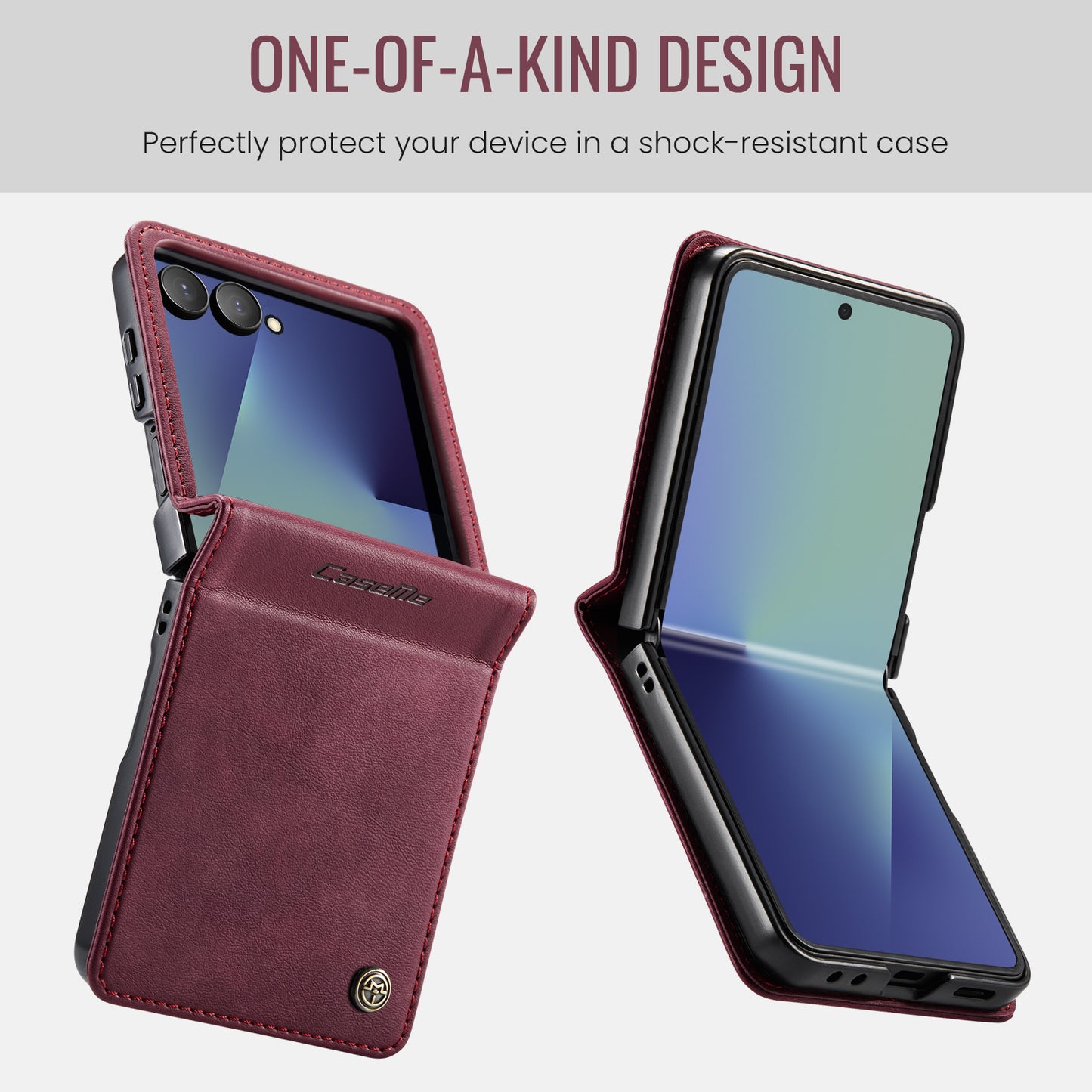 For Samsung Galaxy Z Flip7 5G Case CASEME 033 Series RFID Blocking Wallet Stand Calf Texture Leather Phone Cover - Red