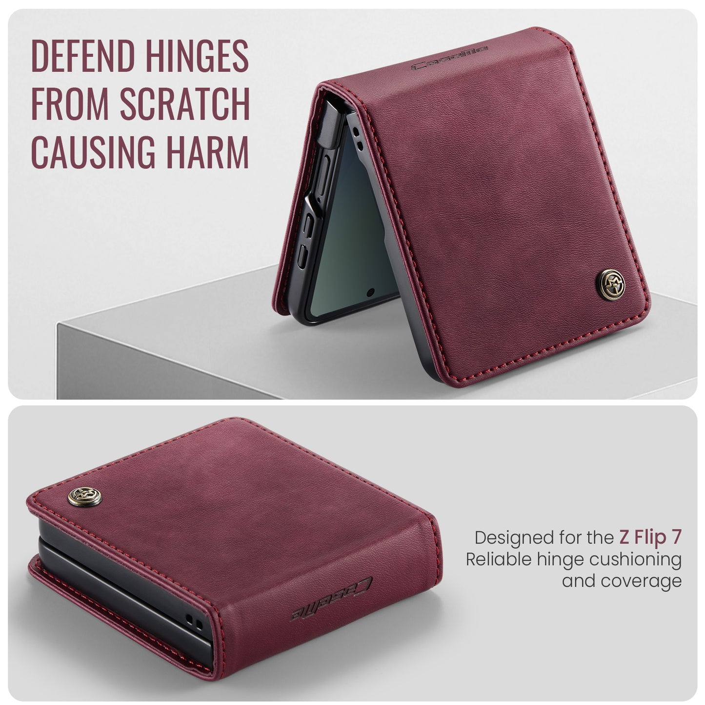 For Samsung Galaxy Z Flip7 5G Case CASEME 033 Series RFID Blocking Wallet Stand Calf Texture Leather Phone Cover - Red