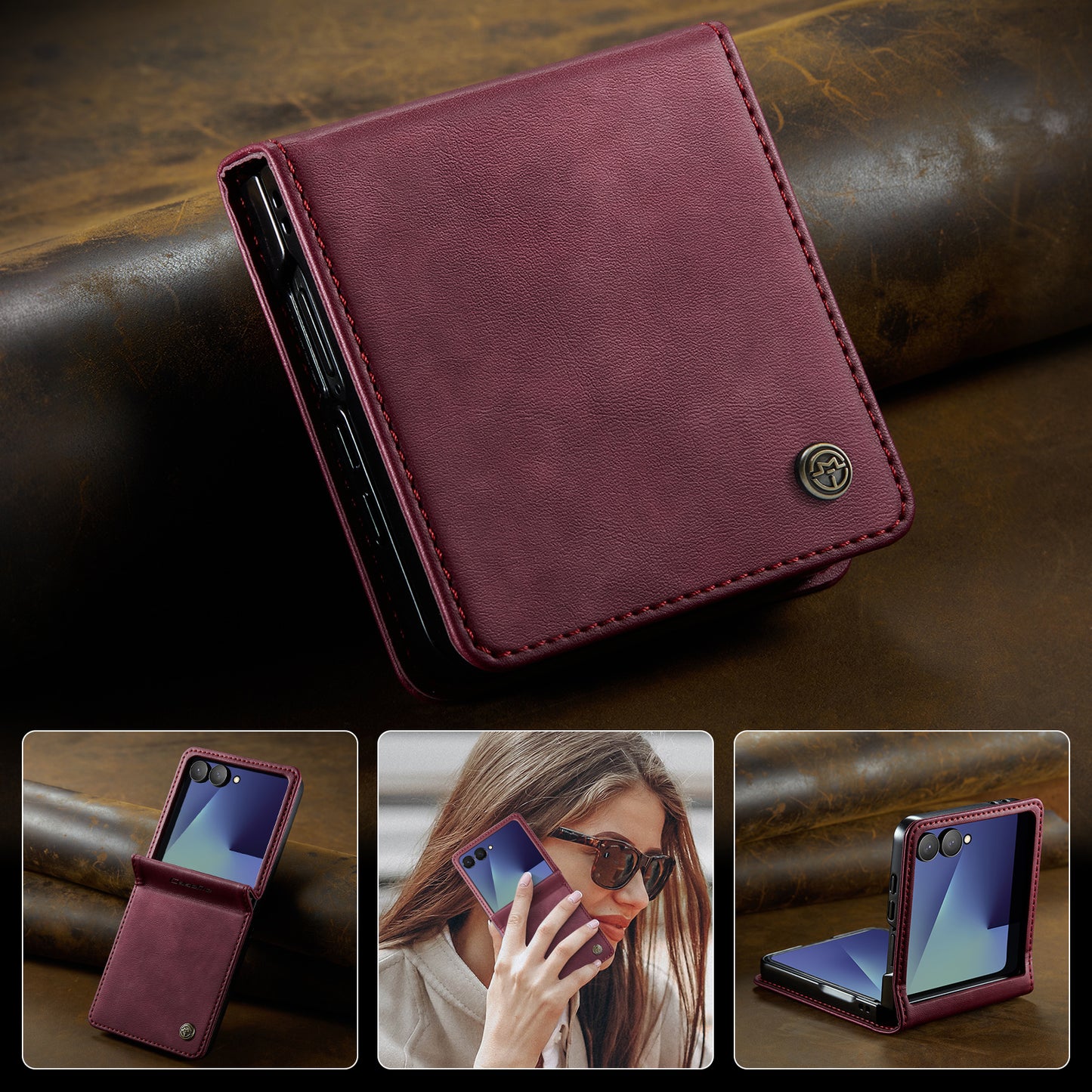 For Samsung Galaxy Z Flip7 5G Case CASEME 033 Series RFID Blocking Wallet Stand Calf Texture Leather Phone Cover - Red