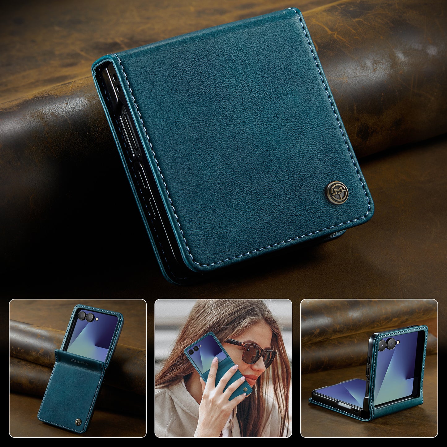 For Samsung Galaxy Z Flip7 5G Case CASEME 033 Series RFID Blocking Wallet Stand Calf Texture Leather Phone Cover - Green