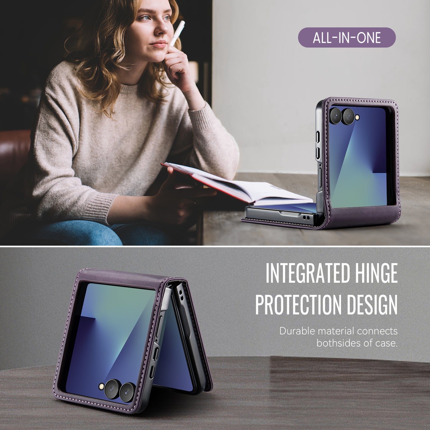 For Samsung Galaxy Z Flip7 5G Case CASEME 033 Series RFID Blocking Wallet Stand Calf Texture Leather Phone Cover - Purple