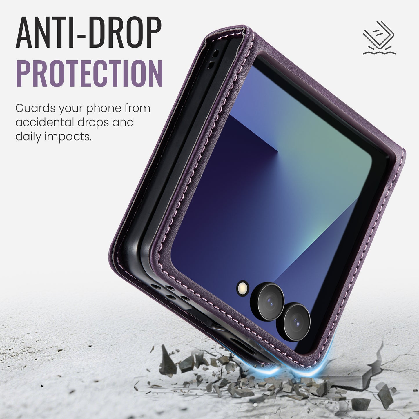 For Samsung Galaxy Z Flip7 5G Case CASEME 033 Series RFID Blocking Wallet Stand Calf Texture Leather Phone Cover - Purple