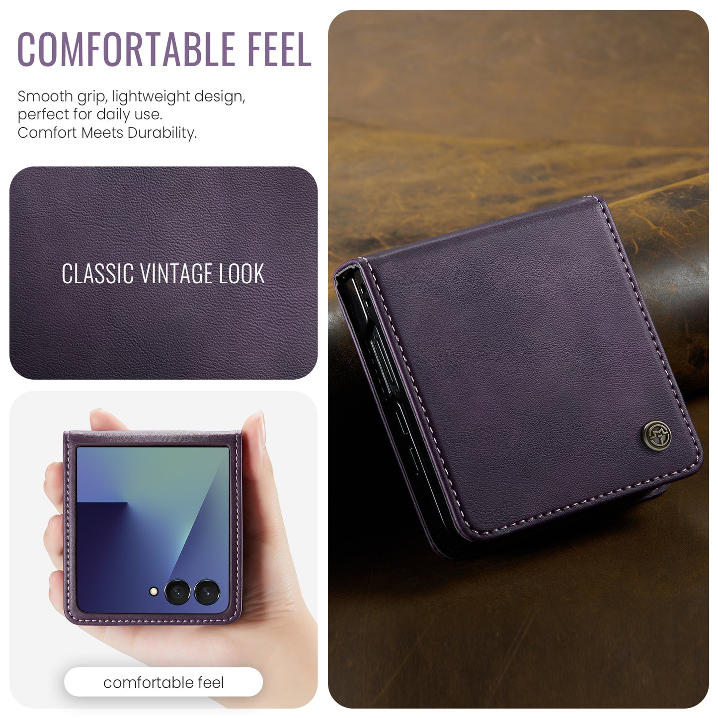 For Samsung Galaxy Z Flip7 5G Case CASEME 033 Series RFID Blocking Wallet Stand Calf Texture Leather Phone Cover - Purple