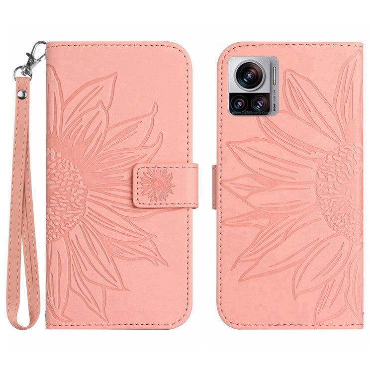 For Motorola Moto X30 Pro 5G / Edge 30 Ultra 5G HT04 Sunflower Imprinted PU Leather Adjustable Stand Case Skin-Touch Drop-proof Phone Wallet Cover with Hand Strap - Light Pink
