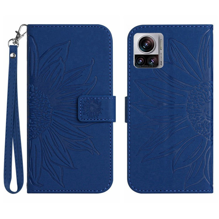 For Motorola Moto X30 Pro 5G / Edge 30 Ultra 5G HT04 Sunflower Imprinted PU Leather Adjustable Stand Case Skin-Touch Drop-proof Phone Wallet Cover with Hand Strap - Sapphire