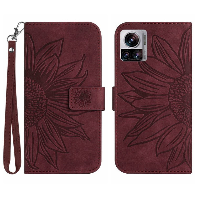 For Motorola Moto X30 Pro 5G / Edge 30 Ultra 5G HT04 Sunflower Imprinted PU Leather Adjustable Stand Case Skin-Touch Drop-proof Phone Wallet Cover with Hand Strap - Wine Red