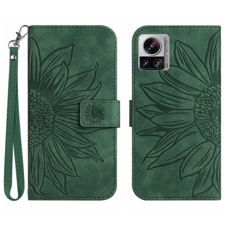 For Motorola Moto X30 Pro 5G / Edge 30 Ultra 5G HT04 Sunflower Imprinted PU Leather Adjustable Stand Case Skin-Touch Drop-proof Phone Wallet Cover with Hand Strap - Dark Green