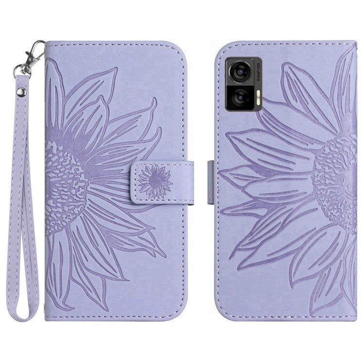 For Motorola Edge 30 Neo 5G HT04 Imprinted Sunflower Phone Protective Case Skin-Touch PU Leather Adjustable Stand Wallet Cover with Hand Strap - Light Purple
