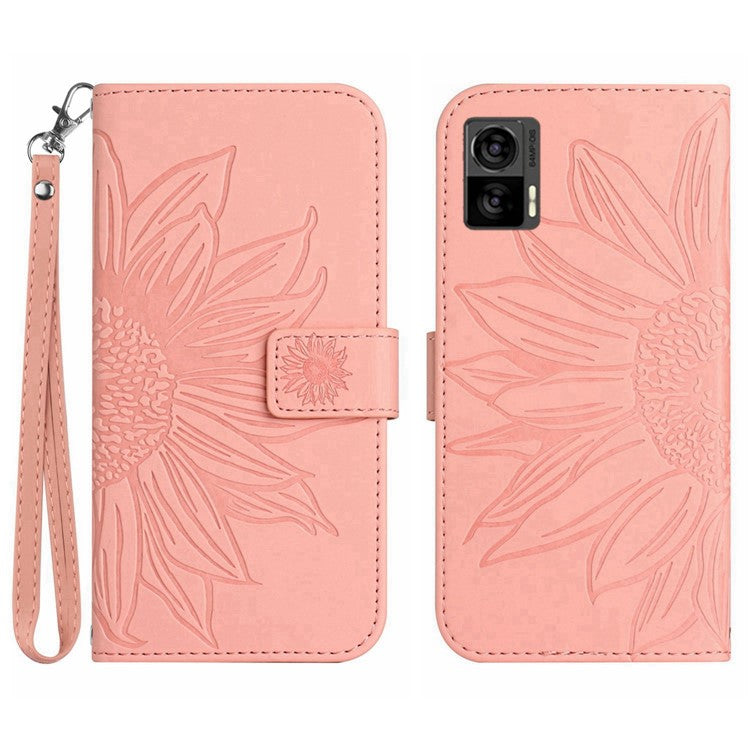 For Motorola Edge 30 Neo 5G HT04 Imprinted Sunflower Phone Protective Case Skin-Touch PU Leather Adjustable Stand Wallet Cover with Hand Strap - Light Pink
