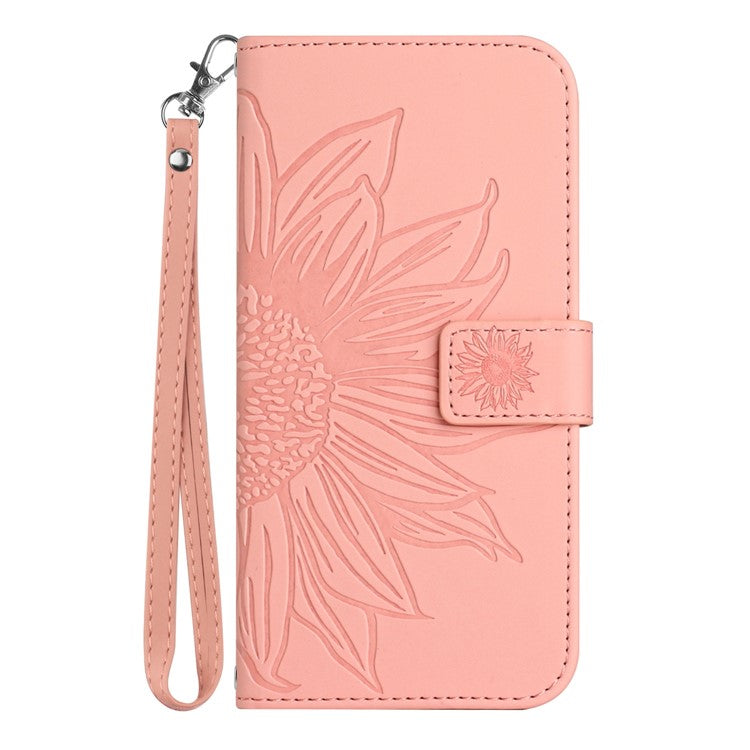 For Motorola Edge 30 Neo 5G HT04 Imprinted Sunflower Phone Protective Case Skin-Touch PU Leather Adjustable Stand Wallet Cover with Hand Strap - Light Pink