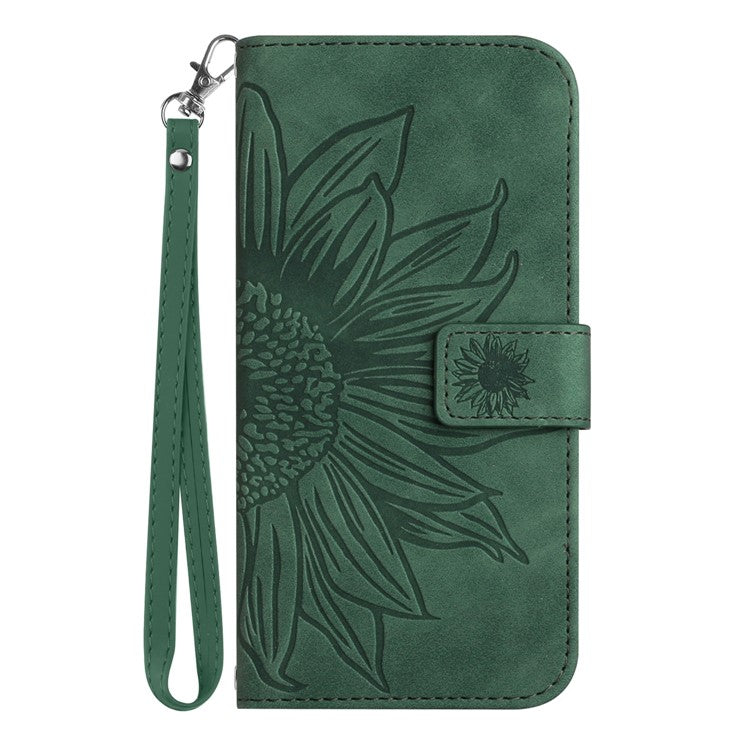 For Motorola Edge 30 Neo 5G HT04 Imprinted Sunflower Phone Protective Case Skin-Touch PU Leather Adjustable Stand Wallet Cover with Hand Strap - Dark Green