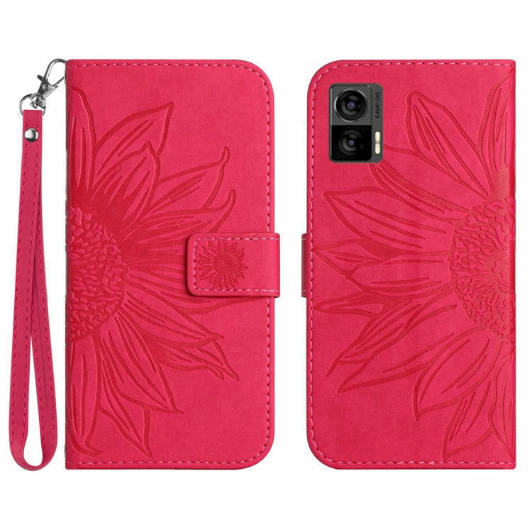 For Motorola Edge 30 Neo 5G HT04 Imprinted Sunflower Phone Protective Case Skin-Touch PU Leather Adjustable Stand Wallet Cover with Hand Strap - Rose