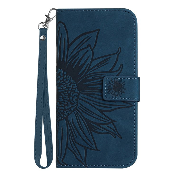 For Motorola Edge 30 Neo 5G HT04 Imprinted Sunflower Phone Protective Case Skin-Touch PU Leather Adjustable Stand Wallet Cover with Hand Strap - Dark Blue