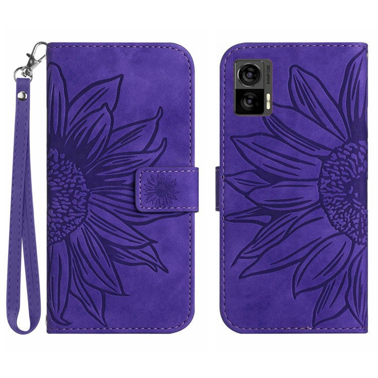 For Motorola Edge 30 Neo 5G HT04 Imprinted Sunflower Phone Protective Case Skin-Touch PU Leather Adjustable Stand Wallet Cover with Hand Strap - Dark Purple