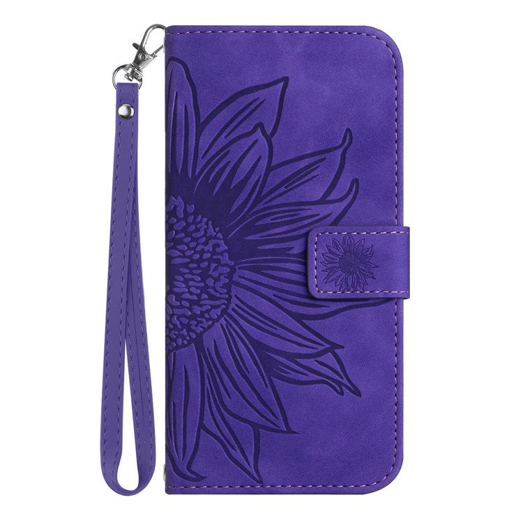 For Motorola Edge 30 Neo 5G HT04 Imprinted Sunflower Phone Protective Case Skin-Touch PU Leather Adjustable Stand Wallet Cover with Hand Strap - Dark Purple