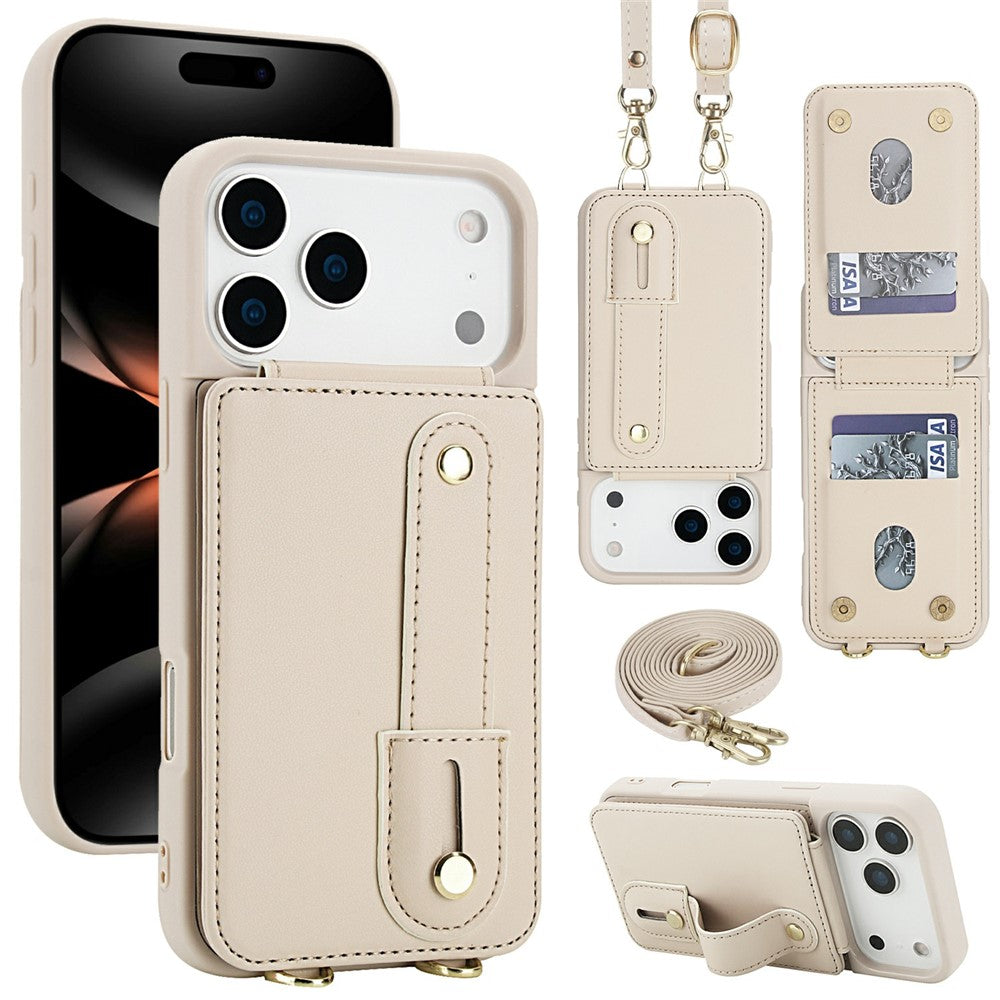 For iPhone 17 Pro Max Case Kickstand Card Slots Leather Coated TPU Cover with Shoulder Strap - Beige