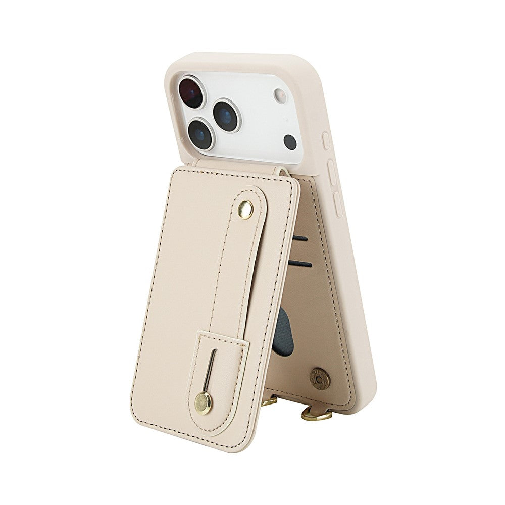 For iPhone 17 Pro Max Case Kickstand Card Slots Leather Coated TPU Cover with Shoulder Strap - Beige