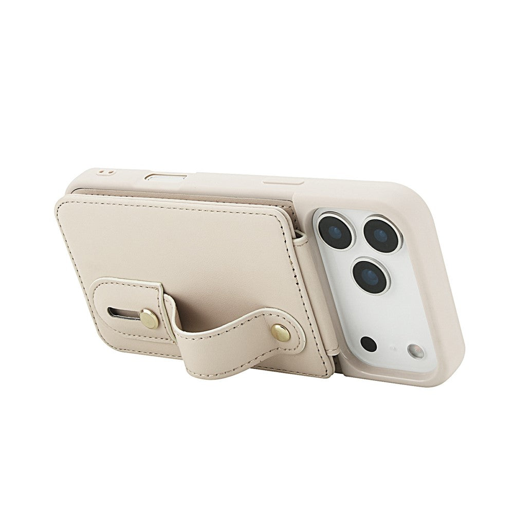 For iPhone 17 Pro Max Case Kickstand Card Slots Leather Coated TPU Cover with Shoulder Strap - Beige