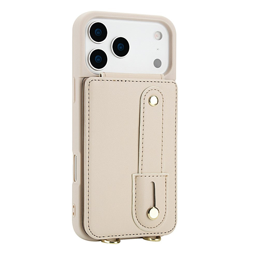 For iPhone 17 Pro Max Case Kickstand Card Slots Leather Coated TPU Cover with Shoulder Strap - Beige