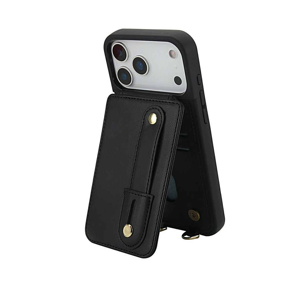For iPhone 17 Pro Max Case Kickstand Card Slots Leather Coated TPU Cover with Shoulder Strap - Black