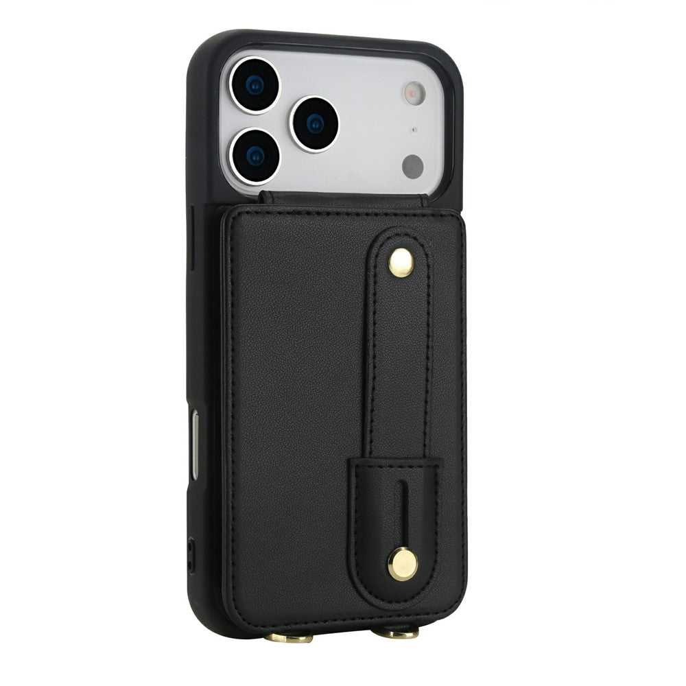 For iPhone 17 Pro Max Case Kickstand Card Slots Leather Coated TPU Cover with Shoulder Strap - Black