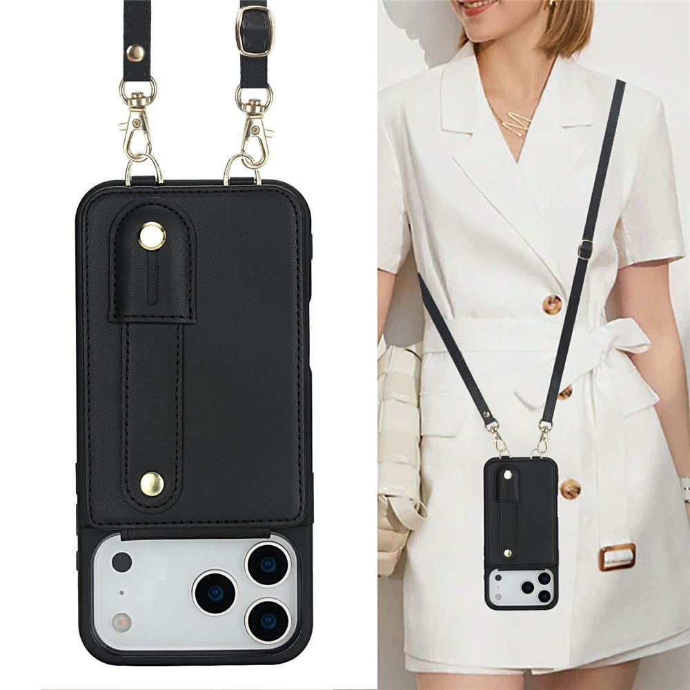 For iPhone 17 Pro Max Case Kickstand Card Slots Leather Coated TPU Cover with Shoulder Strap - Black