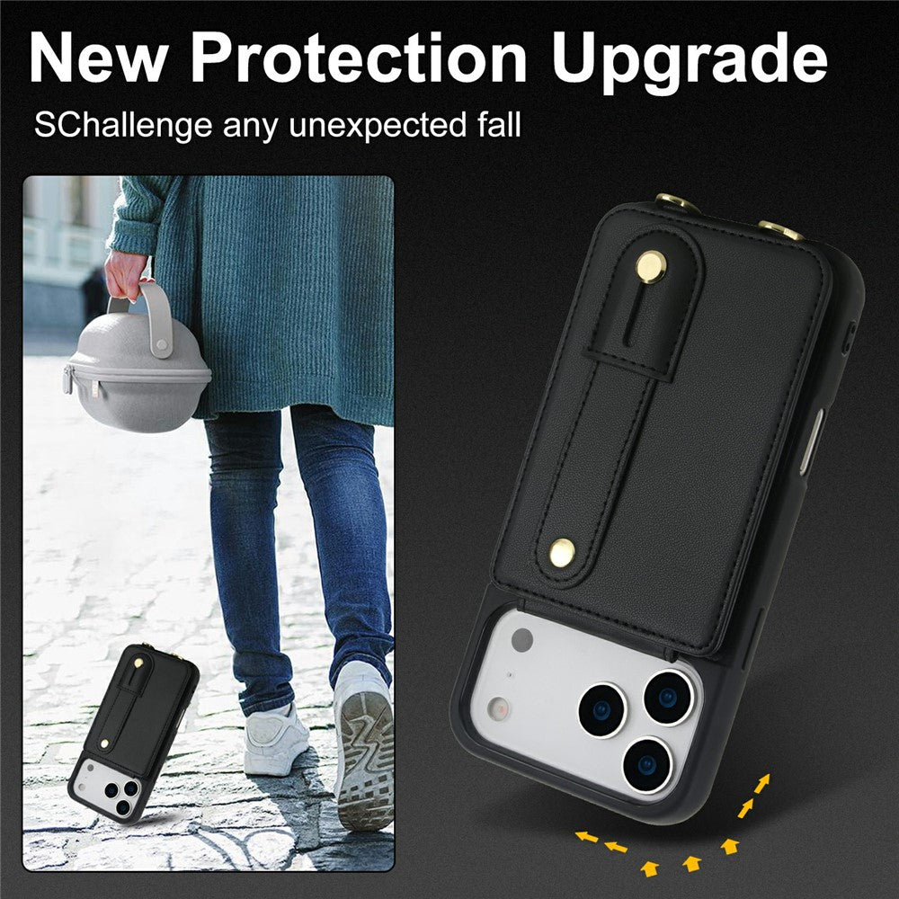 For iPhone 17 Pro Max Case Kickstand Card Slots Leather Coated TPU Cover with Shoulder Strap - Black