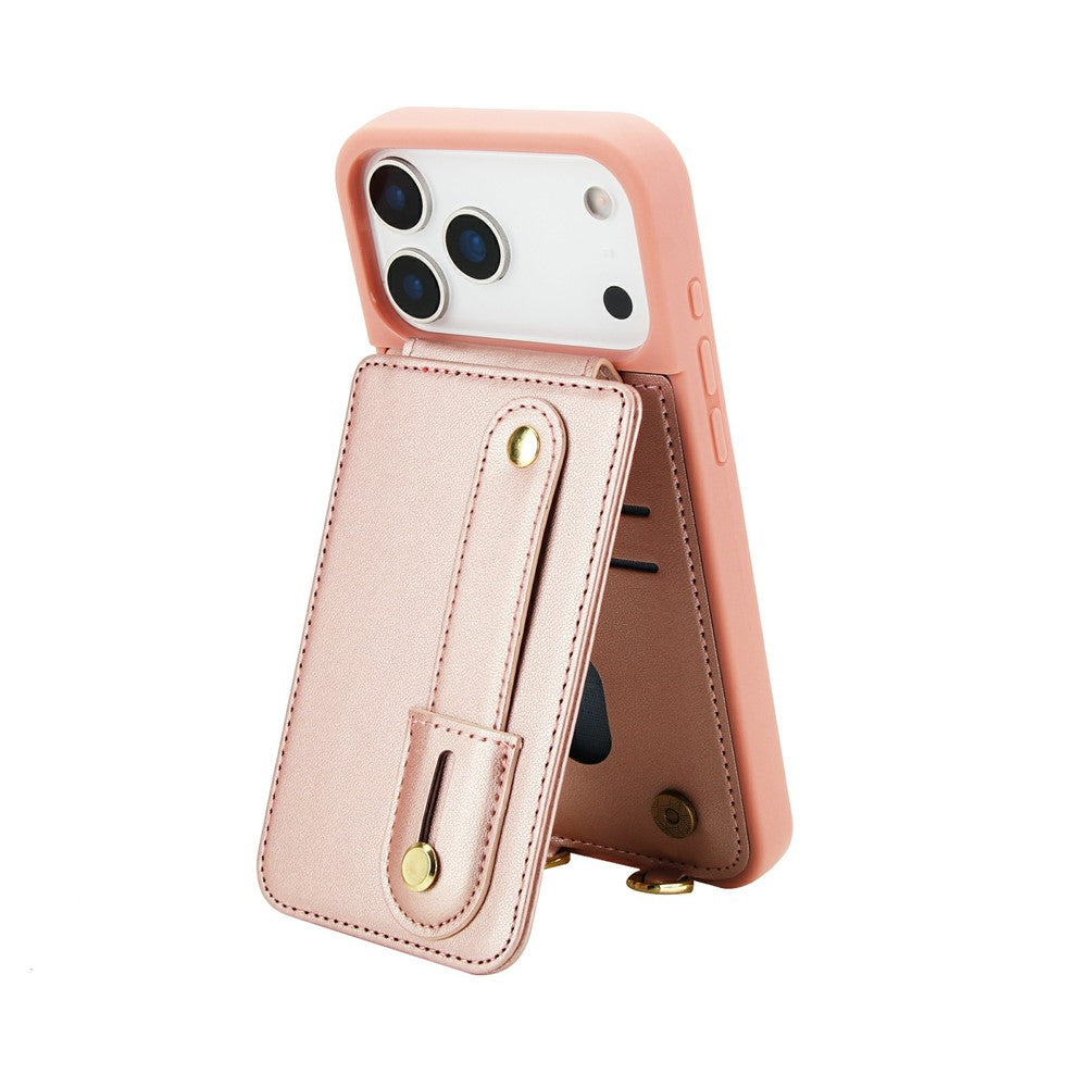For iPhone 17 Pro Max Case Kickstand Card Slots Leather Coated TPU Cover with Shoulder Strap - Rose Gold