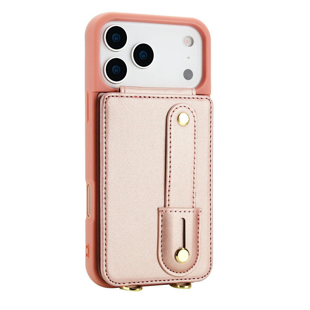 For iPhone 17 Pro Max Case Kickstand Card Slots Leather Coated TPU Cover with Shoulder Strap - Rose Gold