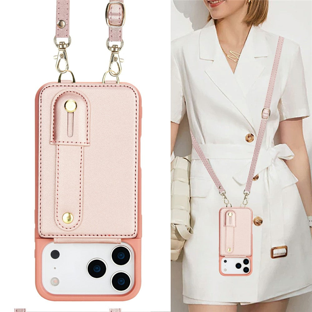 For iPhone 17 Pro Max Case Kickstand Card Slots Leather Coated TPU Cover with Shoulder Strap - Rose Gold