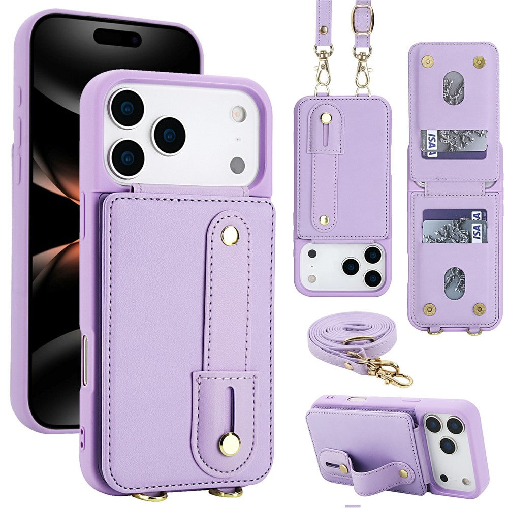 For iPhone 17 Pro Max Case Kickstand Card Slots Leather Coated TPU Cover with Shoulder Strap - Purple