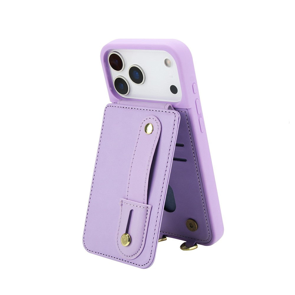 For iPhone 17 Pro Max Case Kickstand Card Slots Leather Coated TPU Cover with Shoulder Strap - Purple