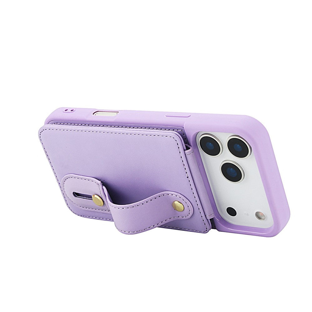 For iPhone 17 Pro Max Case Kickstand Card Slots Leather Coated TPU Cover with Shoulder Strap - Purple