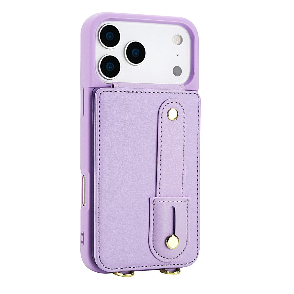 For iPhone 17 Pro Max Case Kickstand Card Slots Leather Coated TPU Cover with Shoulder Strap - Purple